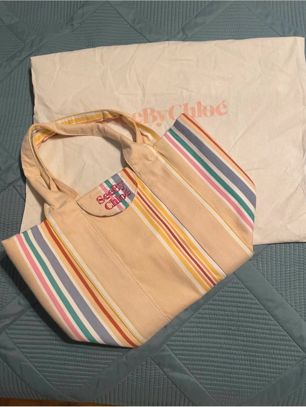 See By Chloé Peach Canvas Striped Tote with Multicolor Accents